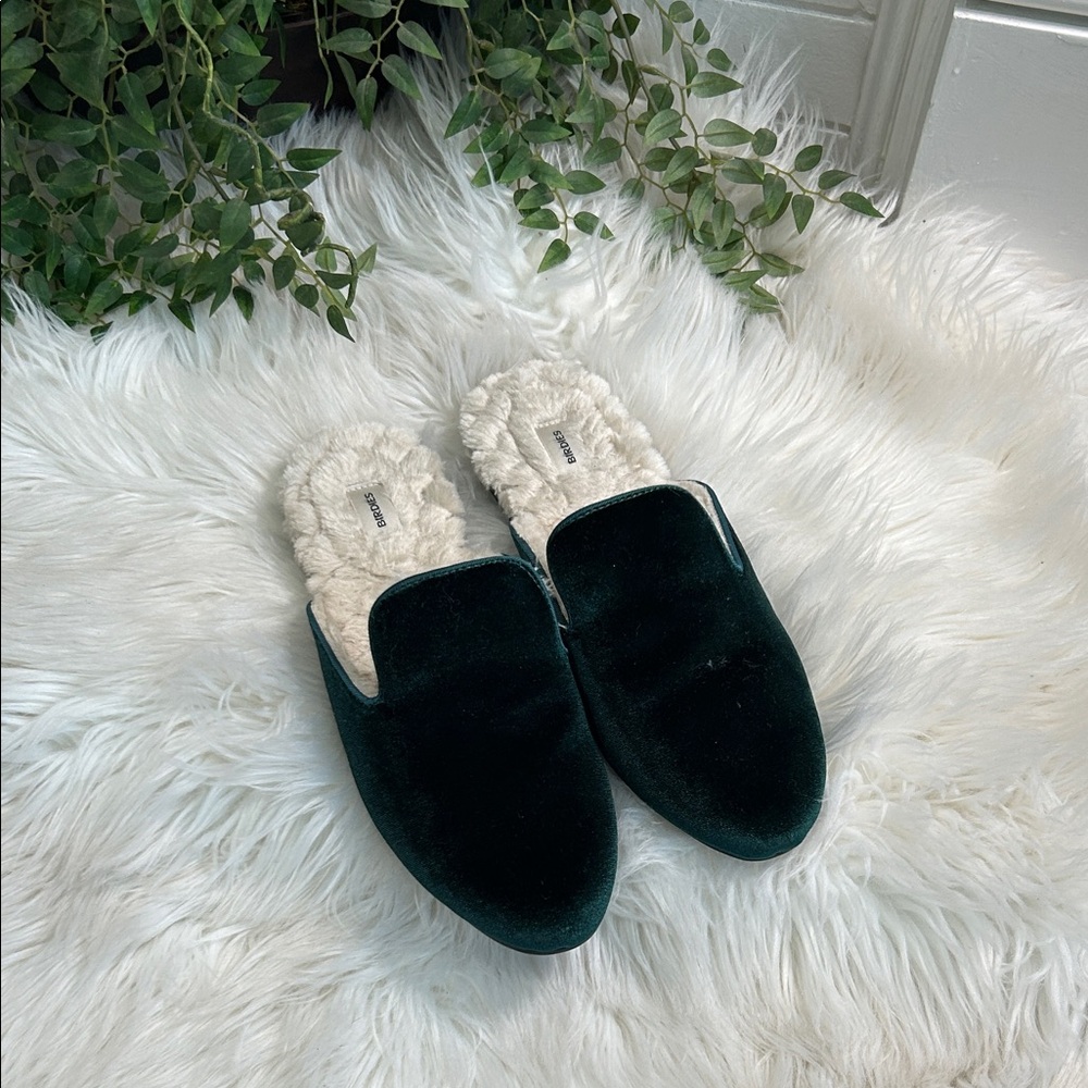 Birdies The Phoebe Mules Womens Sz 9 Evergreen Green Velvet Faux Fur